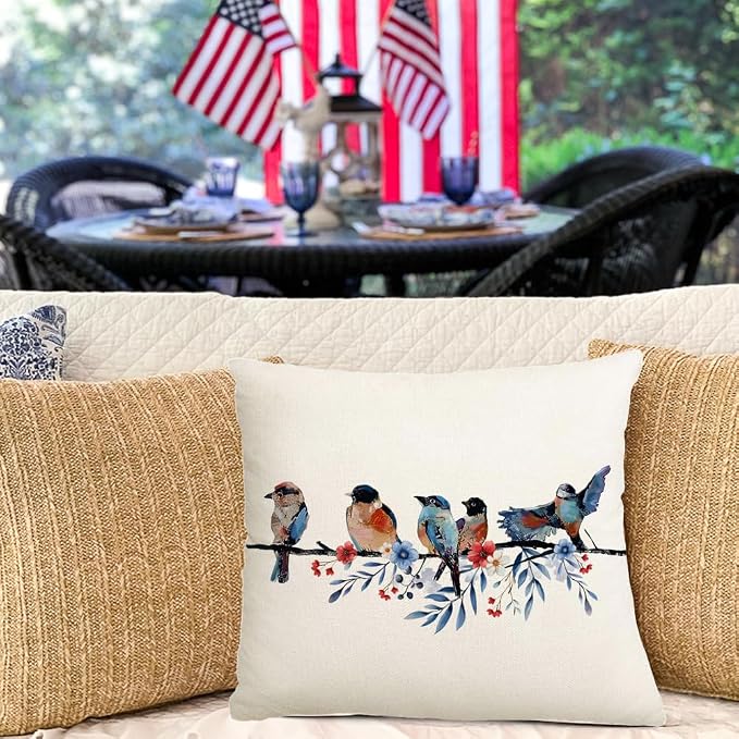 RABUSOFA 4th of July Memorial Day Patriotic Throw Pillow Cover,18x18 Inch Red White and Blue Birds Flowers Independence Day American Fourth of July Decoration for Sofa Couch