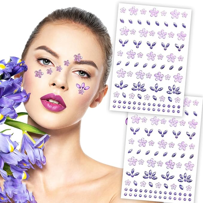 Purple Flower Face Tattoo Sticker - 172+pcs Summer Face Jewelry for Girls- Self-Adhesive Rhinestones for Eyes, Face, Nail Body – Festival Halloween Christmas Cosplay Makeup Decoration (purple)