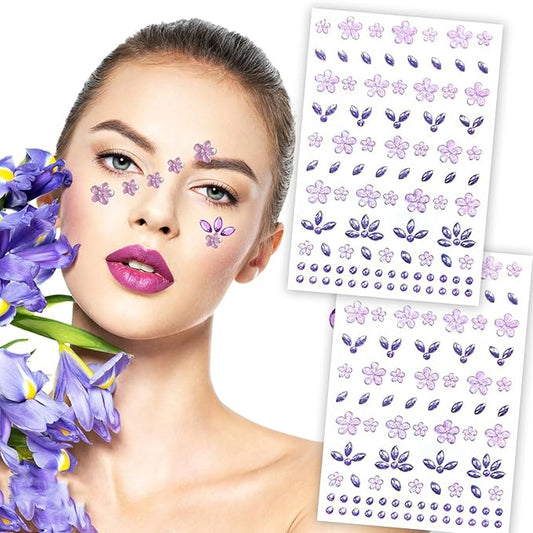 Purple Flower Face Tattoo Sticker - 172+pcs Summer Face Jewelry for Girls- Self-Adhesive Rhinestones for Eyes, Face, Nail Body – Festival Halloween Christmas Cosplay Makeup Decoration (purple)