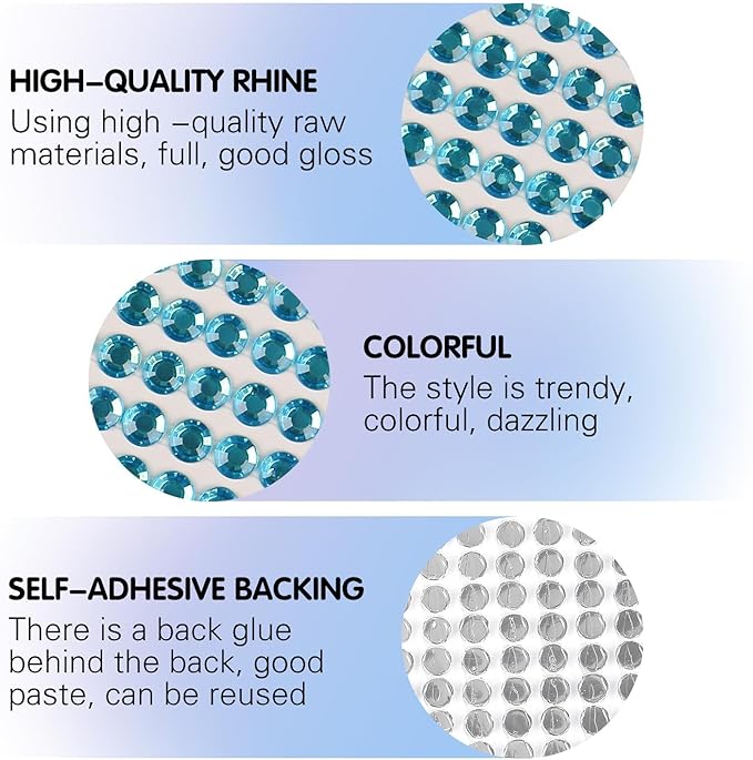 8 Sheets Rhinestone Stickers，3584 Pcs Gem Stickers for DIY Face Eyes Makeup Hair（Blue-3/4/5/6mm）