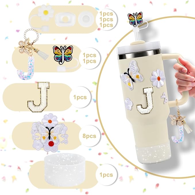 15PCS Cup Accessories Set for Stanley Cup 30oz 40oz Tumbler with Handle, Including Silicone Straw Cover and Boot, Spill Proof Stopper, Stanley Charms, Handle Charm, Initials Sticker