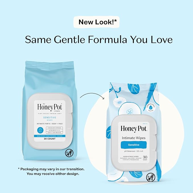 The Honey Pot Company - Feminine Wipes - Sensitive - pH Balancing, Herbal Infused Plant-Based Feminine Care for Sensitive Skin - Cleansing Wipes for Women - 30ct