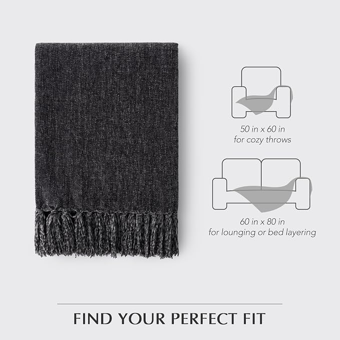 Chenille Knit Throw Blanket for Couch, 50"x60", Iron Black | Cozy Plush Fuzzy Knittd Throw with Tassels, Lightweight, Decorative, Farmhouse Decor, Ideal for Bed Sofa Gift, All Seasons