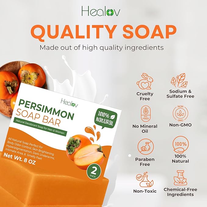 Persimmon Soap Bar for Body Odor Control – Purifying Deodorizing Face & Body Wash for Eliminating Body Odor – Great for Skin Brightening, Hyperpigmentation – Deodorant Soap for Men & Women