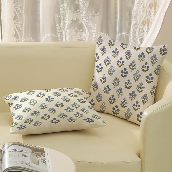 Farmhouse Floral Block Print Pillow Covers 18x18 Set of 2, Vintage Rustic Decorative Throw Pillows Modern Flower Cushion Covers for Sofa Couch Bed Living Room Home Decor, Sage Green Blue