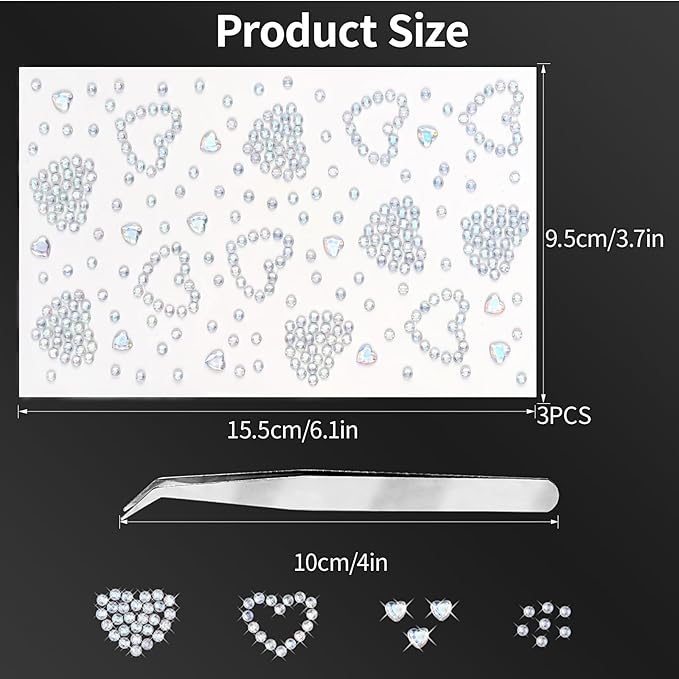 3 Sheers Self Adhesive Rhinestone Sticker Laser Acrylic Heart Gem Stickers for Face Bling Heart Crystal Sparkle Hair Jewels Pearls Diamond Crystal for Eye Face Body Holiday Party Decorations
