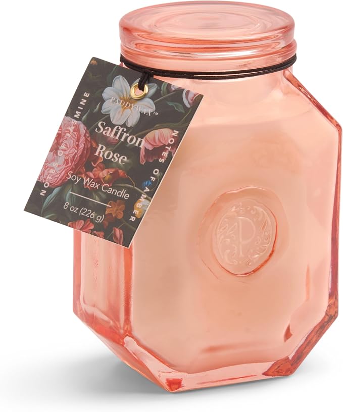 Paddywax Botanica Scented Candle with Lid in Reusable Embossed Glass Jar, Clean-Burn Soy Candle with Approx. 56 Hour Burn Time, Saffron Rose, 8 oz