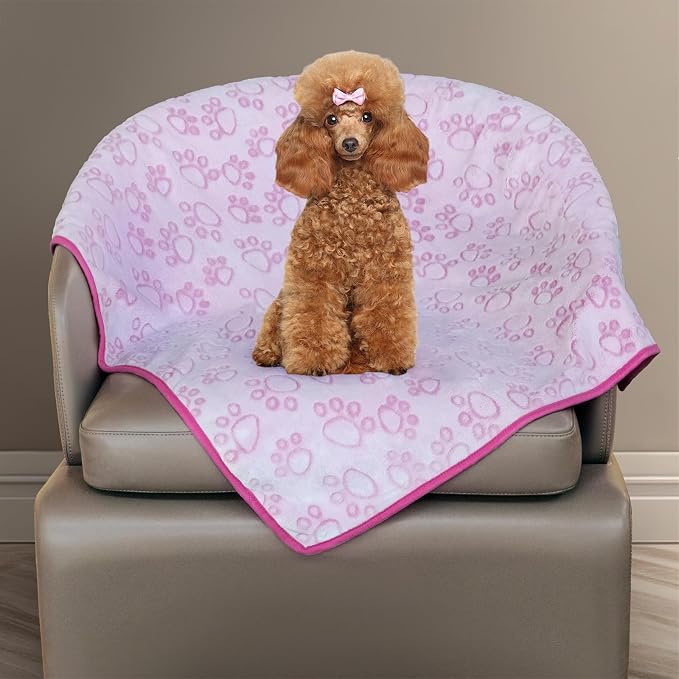 Stuffed Premium Soft Dog Blanket, with Flannel Pink Cute Paw Print, Cat Blanket Puppy Supplies Dog Products Stuff Essentials(Pink 32x40 inches)