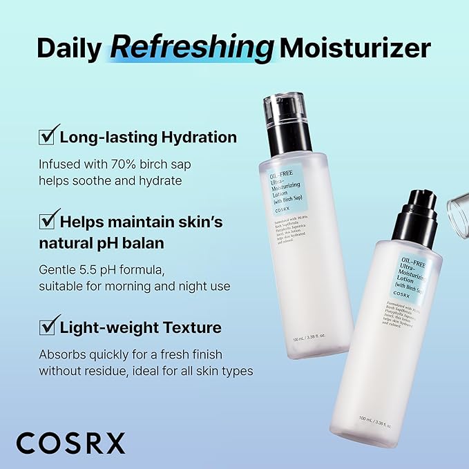 COSRX Oil Free Lotion with Birch Sap, Daily Acne Facial Moisturizer, Hydrating Moisturizer for All Skin Types, Korean Skin Care, Paraben free, 3.38 fl.oz / 100ml