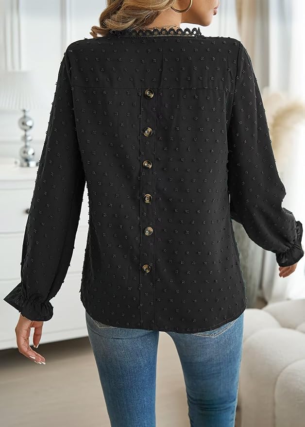 Womens Boho Tops Long Sleeve Shirts For Women Cute Crewneck Blouse Dressy Casual Swiss Dot Crochet Hollow Top 2026