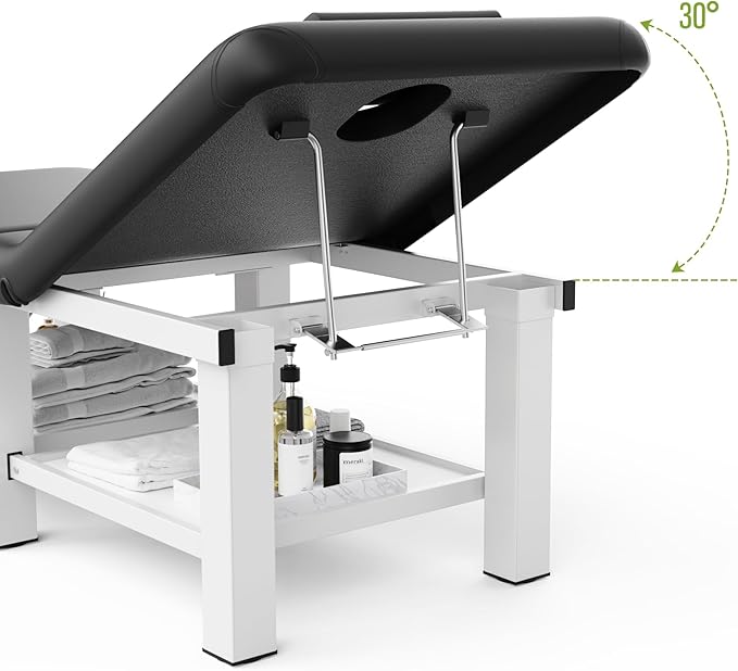 pouseayar Stationary Massage Table Folding Bed with Backrest for Treatment Table Physical Therapy Table Spa Facial Bed, Metal Frame PU Leather, 30.5'' Wide × 75'' Long - Black