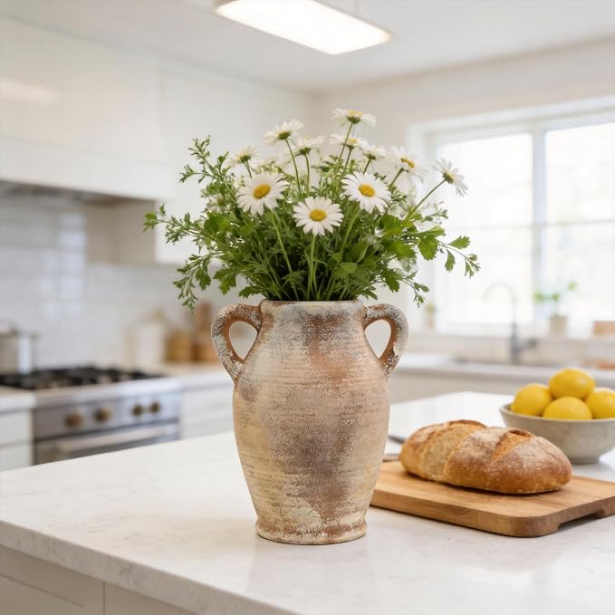 Ceramic Flower Vase, 8.3" Rustic Farmhouse Table Vase, Low Profile Decorative Pottery Vase for Fresh Flowers, Faux Stems, Coffee Table, Kitchen, Bathroom and Shelf Decor