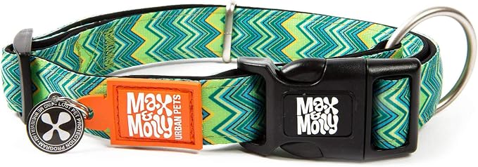 Max & Molly Urban Pets Smart ID Dog Collar - Soft Neoprene, Waterproof, Machine Washable, Power Buckle, Gotcha! QR Tag & Custom App Profile, Vintage Green Stripe M