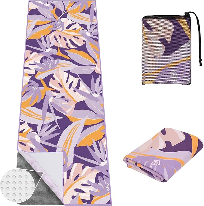 Yoga Towel Hot Yoga Mat Towel with Corner Pockets, 70 x 26 inch, Non-Slip Sweat-Absorbent Soft Microfiber Yoga Blanket for Pilates, Fitness and Workout, Purple