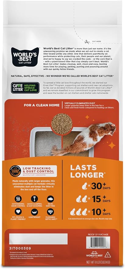 World's Best Cat Litter, Low Tracking & Dust Control, Unscented, 8 lb Bag