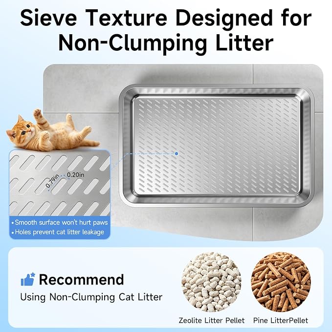 Stainless Steel Sifting Cat Litter Box for Pine Pellets, Light Gray | Sifting Design, Double Layer Mesh System, With High Sides, Non-Stick Surface, Easy Clean, for Large Cats