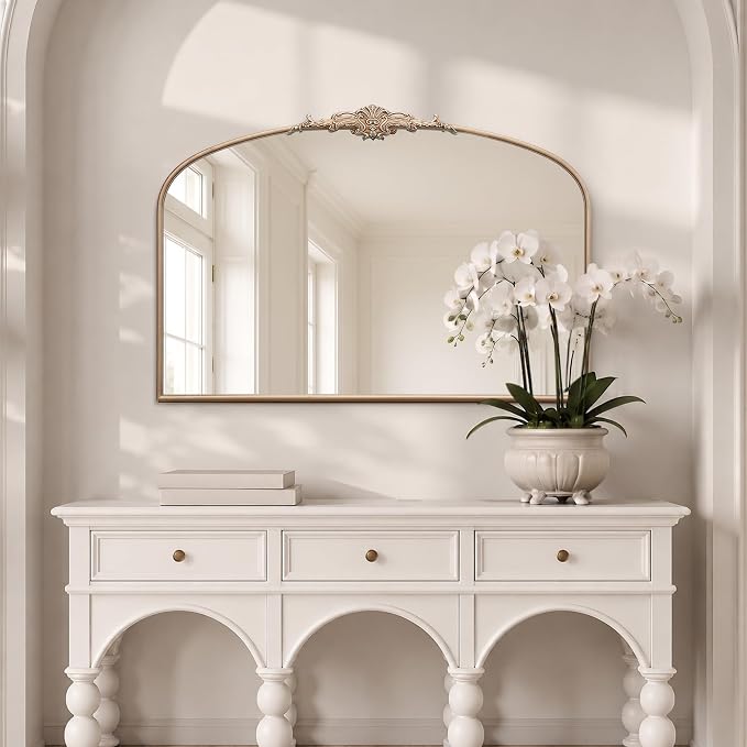 Besdomus Vintage Arched Gold Mirror: 48"x33" Oversized Champagne Decorative | Baroque Metal Framed Mirrors - Traditional Ornate for Home Renovation Decor - Ideal for Foyer/Entryway/Fireplace/Living Room