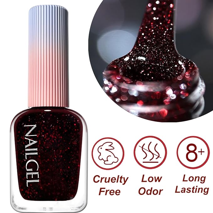 Red Glitter Nail Polish, 12ML Sparkly Burgundy Wine Red with Fine Glitter, Quick Dry Air Dry, Shiny Finish for Women Girls, No UV Needed
