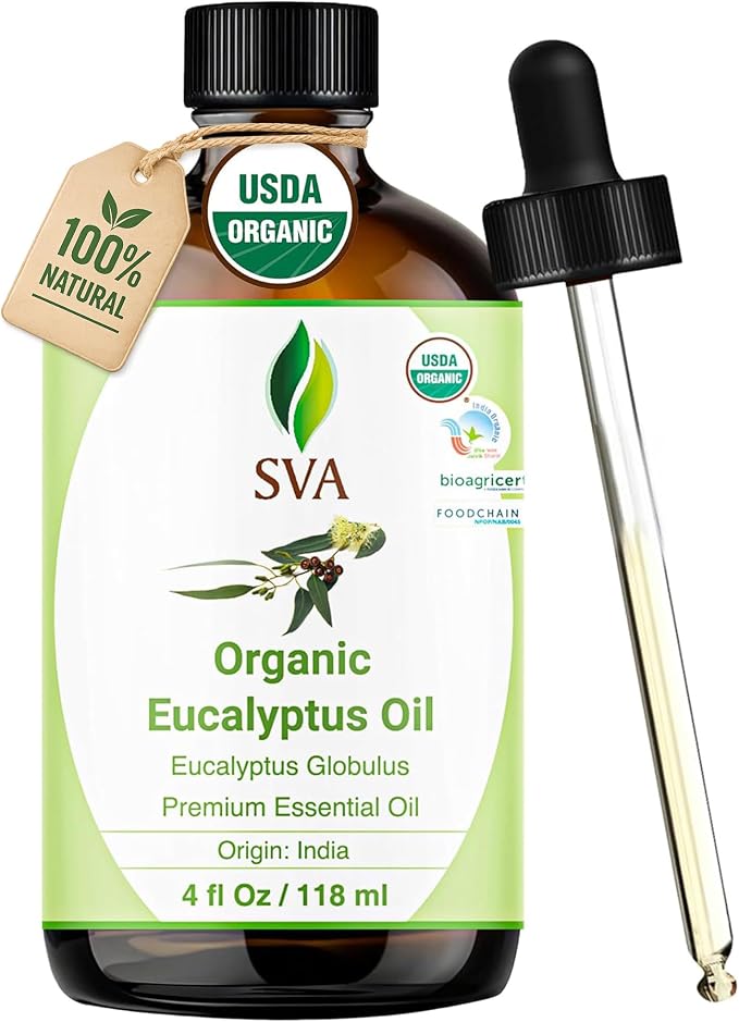 SVA Organic Eucalyptus Essential Oil with Dropper, 4 Fl Oz (118 mL) | Organic Eucalyptus Oil for Diffuser, Humidifier, Spa, Sauna, Hair, Skin, Massage, Soap Making, Candle Making & DIY Projects