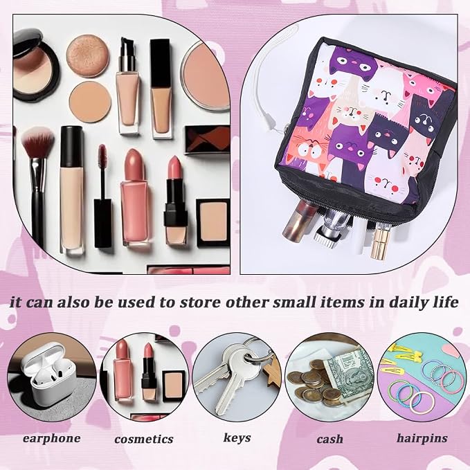 Cat Period Bag Sanitary Napkin Storage Bag Cute Cats Print Sanitary Pad Pouch Portable Waterproof Feminine Product Travel Storage Organizer First Period Gifts for Women Ladies Daily Use