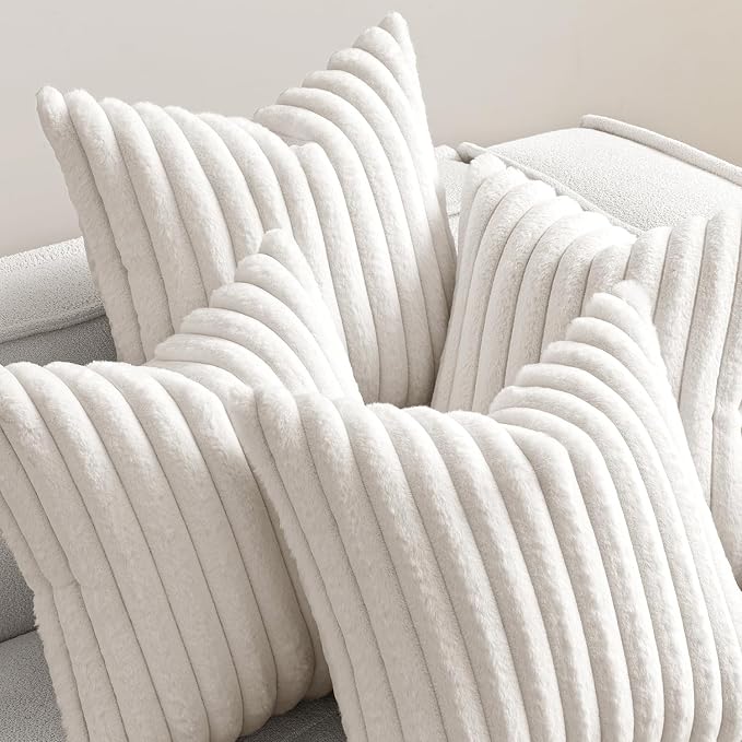 MIULEE Faux Fur Plush Decorative Throw Pillow Covers 20x20, Pure White | Set of 4, Striped, Soft Modern Cozy Home Decor, Cushion Cases for Sofa Couch Bed Living Room