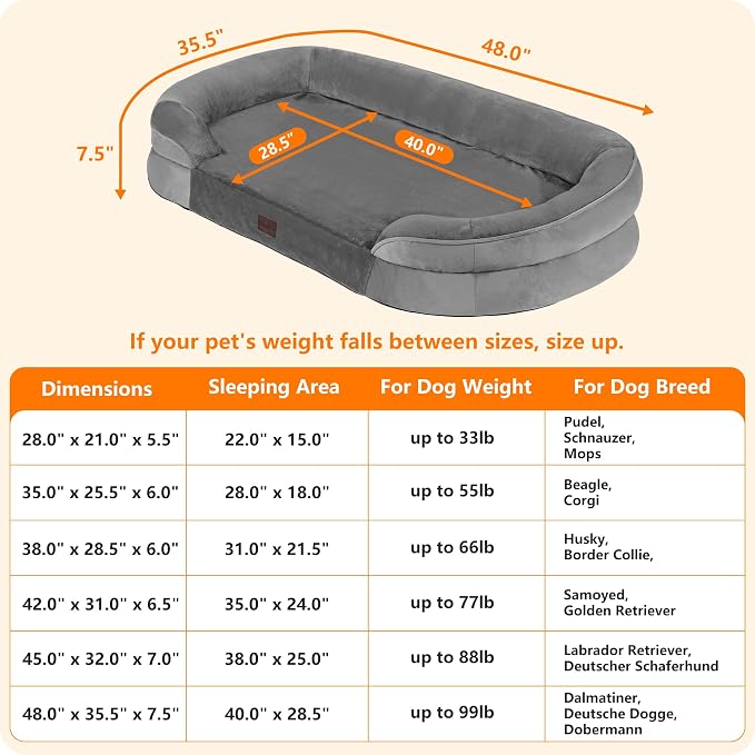Dwanton Orthopedic Waterproof XX-Large Dog Bed Sofa, Gel Memory Foam, 48" | Egg-Crate Foam Dog Sofa, Washable Pet Bed with Four Sided Bolster Cushion, Removable Cover & Non-Slip Bottom, Medium Grey