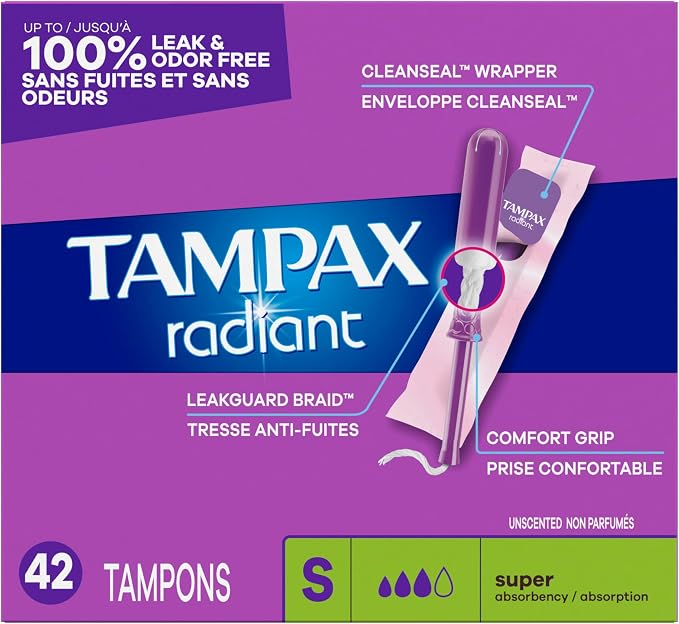 Tampax Radiant Tampons for Women, with LeakGuard Braid, Super Absorbency, Unscented, 42 Count, Packaging May Vary