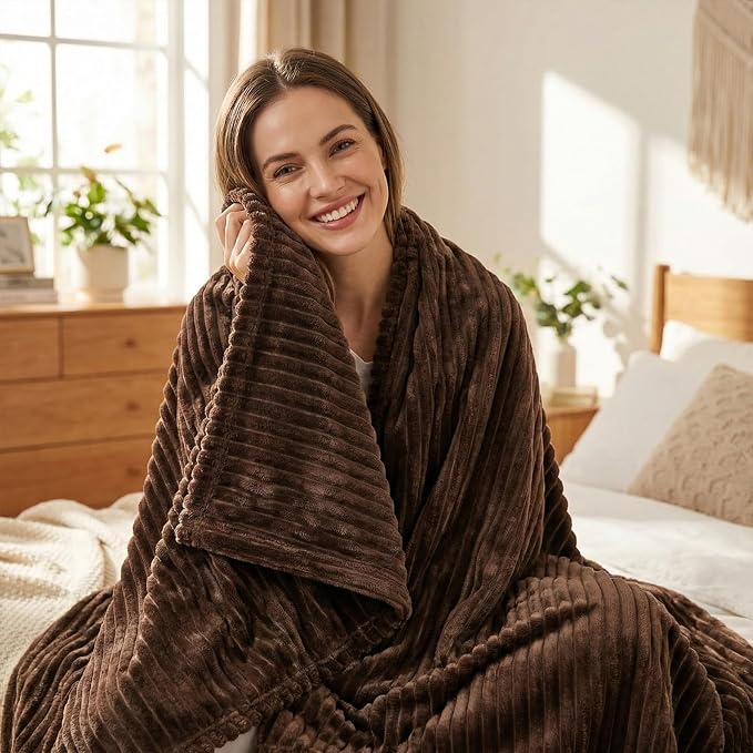Vessia Flannel Fleece Throw Blanket(50X70 Inch), 300GSM Cozy Brown Stripe Throw for Couch, Sofa and Bed, Warm and Soft Chocolate Microfiber Ribbed Blanket for All Season