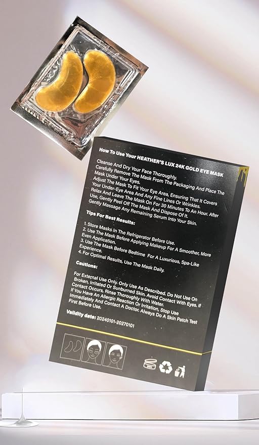 Heather's Lux 24K Gold Eye Masks Under Eye Patches Eye Gels for Dark Circles, Puffy Eyes, Puffiness, Wrinkles, Fine Lines, Rejuvenating, Hydrating, Anti-Aging (20 Pairs per Box)