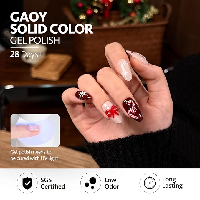 GAOY Christmas Red Gel Nail Polish Set, 6 Colors Glitter Burgundy Red Green Sparkle Gold, UV Light Cure Gel Polish for Nail Art DIY at Home