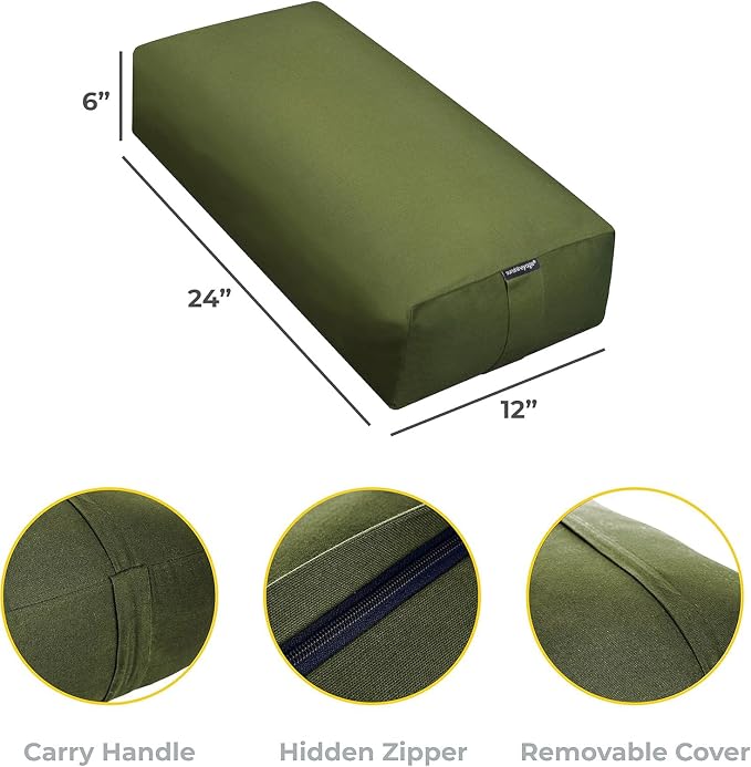 Extra Firm Large Yoga Bolster, 24" x 12" x 6" Cinched OR Zippered Yoga Pillow, Rectangular Cotton Cushion With Removable Cover for Studios, 1 Pack or 2 Pack