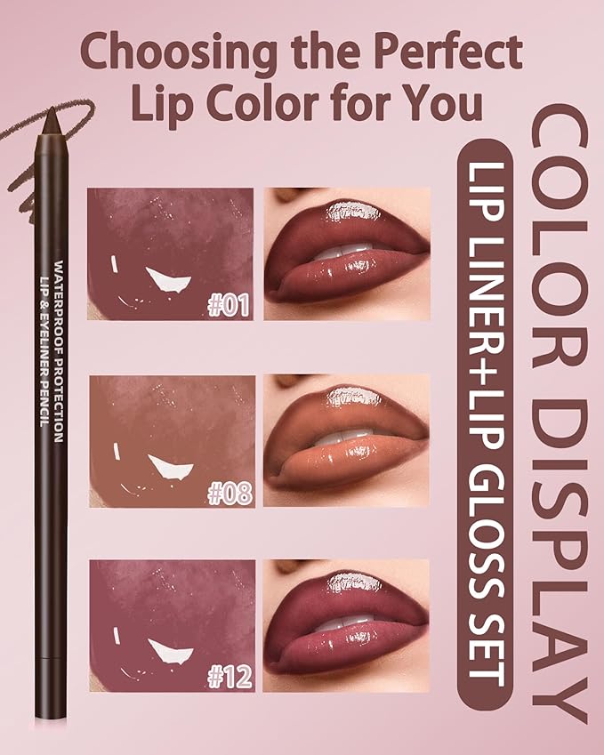 3Pcs Hydrating Lip Gloss with Brown Lip Liner Combo Set,Plumping Lip Liner Moisturizing Nude Tinted Lips Glow Oil,Lightweight Non Sticky Liquid Lipstick Women Lipstain Makeup Long Lasting Lipgloss-12