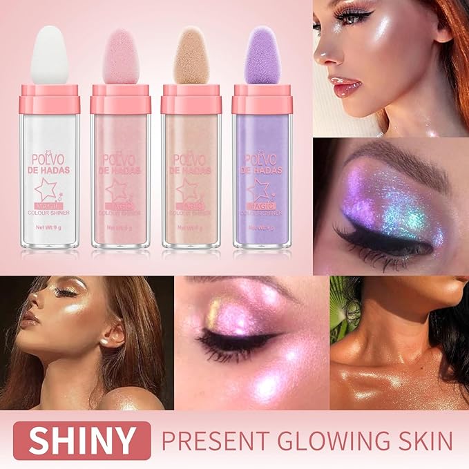 URQT 4 Color Polvo De Hadas Fairy Dust Highlight Patting - Full Body Contouring and Clavicle Pearlescent Patting Powder for Face and Eye, Christmas Sparkling Body Glitter (4 Pack)