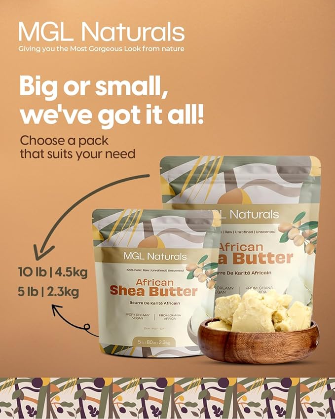 MGL Naturals Raw African Shea Butter Ivory, 100% Pure and Unrefined. Nourish and moisturize skin and hair. Use alone or DIY recipes. From Ghana, West Africa. (10 lb (Park of 1), 10 lb Shea Buttter)