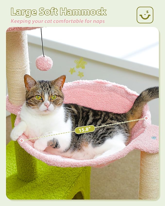 Flower Cat Tree with Large Metal Frame Hammock, 35" Cute Cat Tower with Sisal Scratching Posts for Small Indoor Cats, Cat Condo with Pink Top Perch for Kittens, Pink | Flower-shaped top perch, Metal frame hammock, Sisal scratching posts, Cozy pink cond...