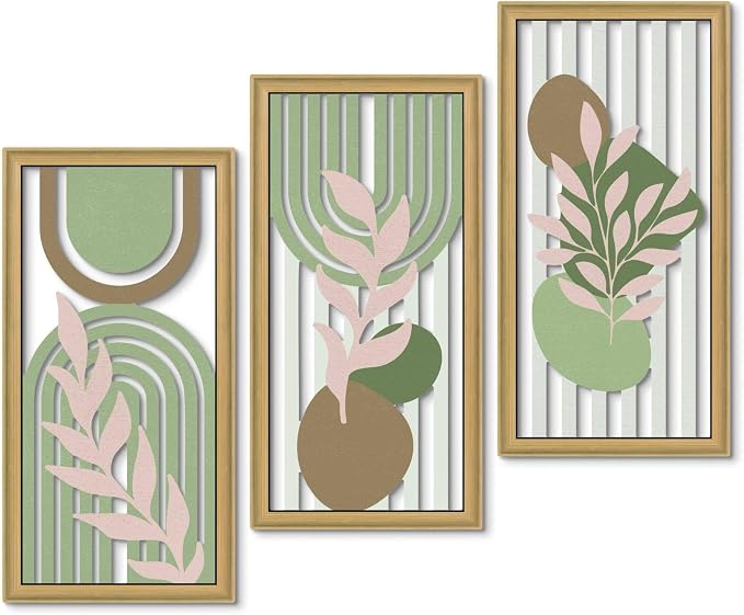 Putuo Decor Boho Abstract Wall Art Set of 3, Modern Geometric Botanical Wooden Wall Decor, Mid-Century Minimalist Framed Artwork, Warm Toned Aesthetic Prints for Living Room, Bedroom, Office