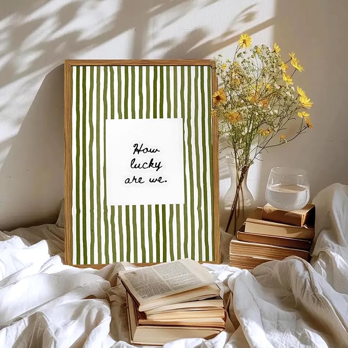 Framed How Lucky Are We Wall Art, Green Striped Pictures Wall Decor, Trendy Inspirational Quote Paintings Canvas Prints Preppy Home Decor for Living Room Bedroom Office Dorm 12x16 inch