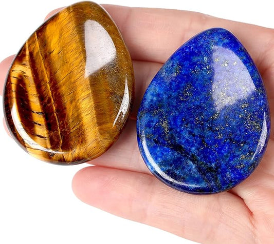 QINJIEJIE 2PCS Crystals Thumb Worry Stone for Anxiety Tiger's Eye Lapis Lazuli Healing Crystals Hand Carved Pocket Palm Gemstones Meditation Crystal Reiki Relax Stone Anxiety Relief Items
