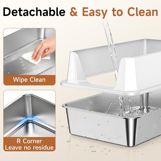 XL Stainless Steel Cat Litter Box with Plastic Enclosure & Scoop | Large Size,High Sided,Easy Clean, Odor Control,Non Stick, Anti-Leak,Open Top