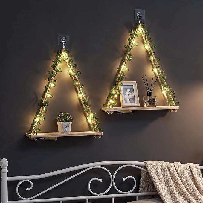 RICHER HOUSE Hanging Floating Shelves No Drill, Macrame Plant Wall Shelf | Boho Trinket Shelf with Artificial Ivy and LED Lights, Cute Wall Art Aesthetic Decor, for Bedroom, Dorm, Two-Way Install