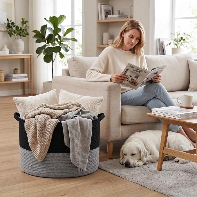 65L Large Blanket Basket,Woven Rope Laundry Basket-Black&Dark Grey | Collapsible, reinforced handles, nursery storage bin organizes clothes, toys and pillows for living room, bedroom bathroom