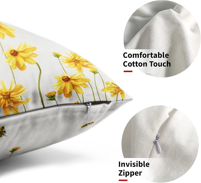 Spring Summer Throw Pillow Covers 12X20 in Set of 2 Yellow Flowers Coreopsis Bee Decorative Lumbar Pillow Cases Bees Floral Rectangle Pillow Cover Farmhouse Decor for Outdoor Room Couch Patio Porch