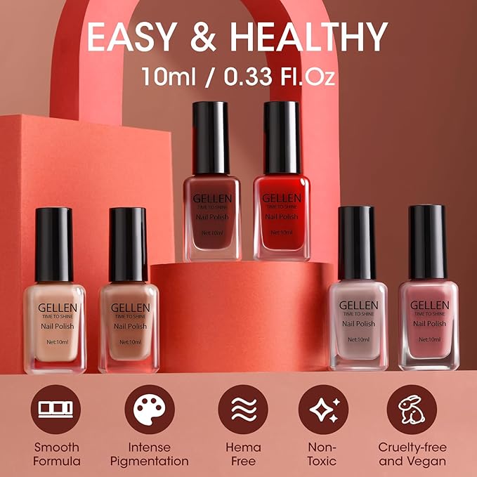 GELLEN Nail Polish Set, Nude Red Brown Quick Dry Traditional Regular Nail Polish Fall Winter 6 Colors Set for Finger Toe & Acrylic Fake Nails Home Salon, Non UV Gel, TPO HEMA Free, Non-toxic