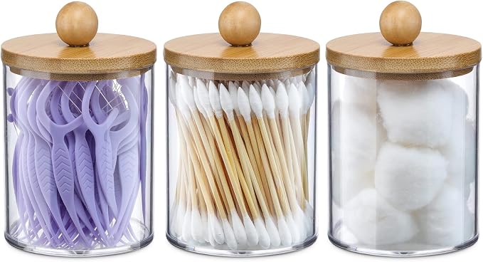VITEVER 3 Pack Qtip Holder Dispenser with Bamboo Lids - 10 oz Clear Plastic Apothecary Jar Containers for Vanity Makeup Organizer Storage - Bathroom Accessories Set for Cotton Swab, Ball, Pads, Floss