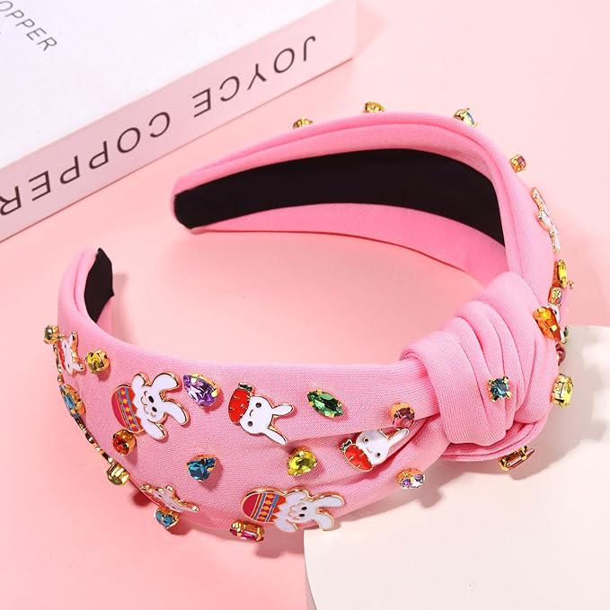 mokkia Easter Headbands Beaded Rabbit Bunny Headband for Women Pink Spring Knotted Headband Easter Hair Accessories Gifts