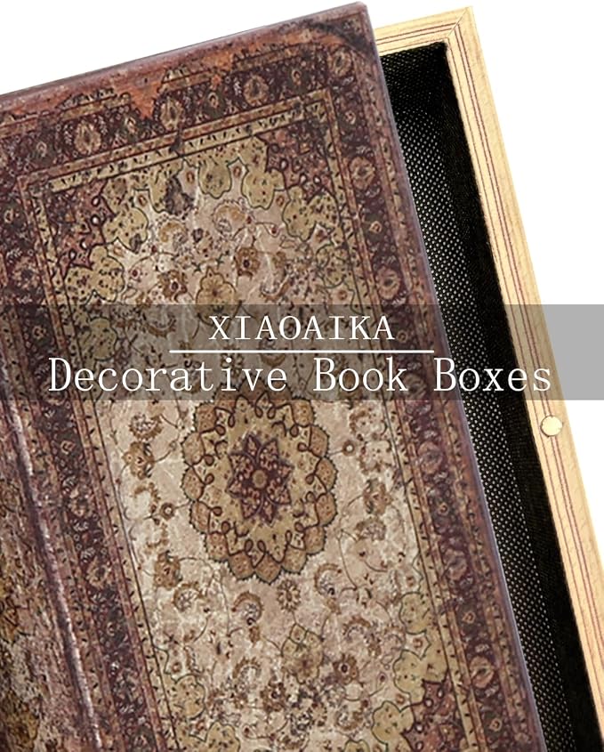 Decorative Wooden Book Box Set of 2 - Vintage Faux Book Boxes for Home Decor, Secret Storage with Magnetic Closure, Antique Style, Persian Rug Pattern Leather Cover, Perfect for Home Office Bookshelf
