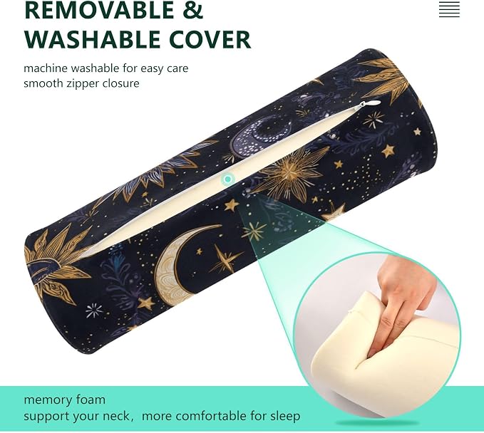 Purple Boho Sun Moon Neck Roll Pillow Bolster Round Health Memory Foam Long Cervical Cylinder Pillows with Removable Washable Cover for Body Bed Legs Back Yoga
