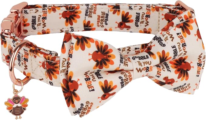 ADOGGYGO Thanksgiving Dog Collars with Bow, Gobble Turkey Pet Collar, M