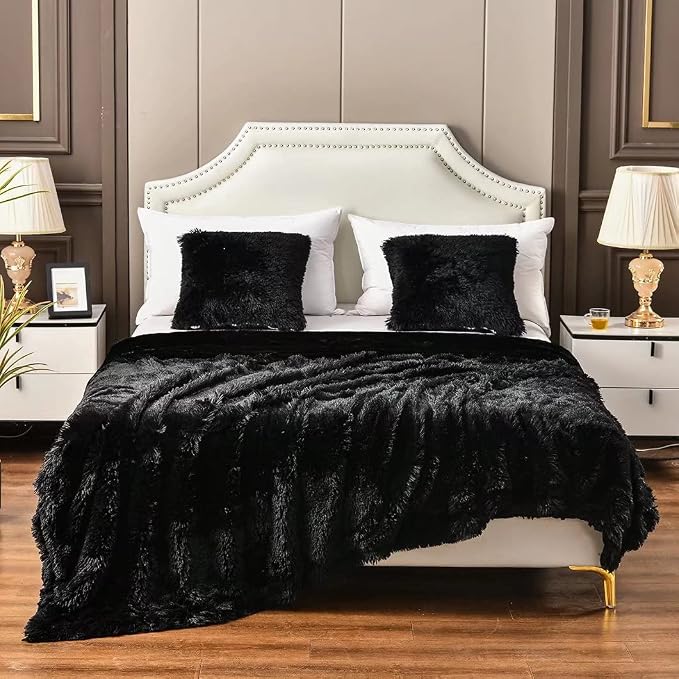 YUSOKI Long Faux Fur King Size Blanket, Black, 90" x 104" | Ultra Soft, Lightweight for All Season Use, stays fluffy after repeated washes, Perfect Gifts, Machine Washable