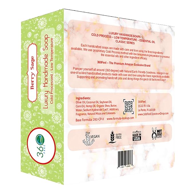 360Feel Berry Sage Soap - Made in USA - Castile Handmade, All-Natural, Cold Processed - Infused with Berry Sage for Refreshing Cleanse, Gentle Moisturizing Care, and Rich Creamy Lather - 5 oz